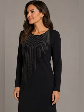 Michael Michael Kors Black Chain Fringe Long Sleeve Sheath Dress Size Medium